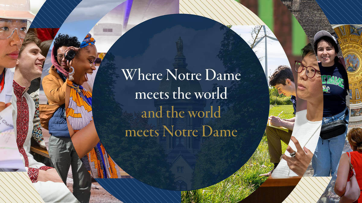 Graphically designed image showing 8 different rings of images from Notre Dame locations across the globe with central circle that says "Where Notre Dame meets the world and the world meets Notre Dame"