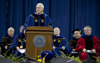 Thomas Quinn, M.D., professor and director, Johns Hopkins' Center for Global Health, delivers the commencement address during the Graduate School Commencement Ceremony
