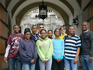 The Robinson Center LEGO I-Robotics team poses at a castle in Germany